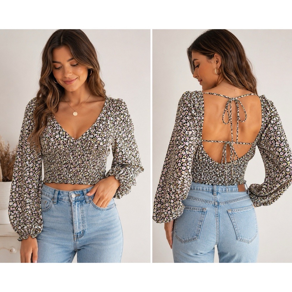 BKK CHANCE Floral Smocked Crop Top Women M Balloon Sleeve Tie Back Boho Y2K